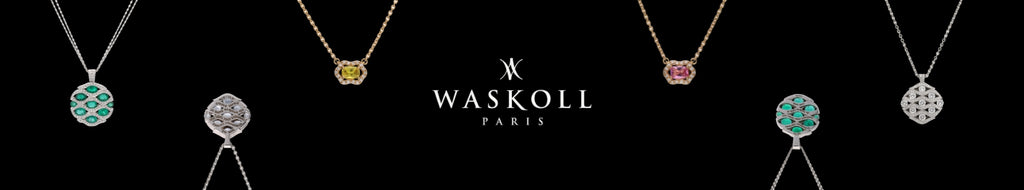 Waskoll Logo with black background, two diamond necklaces on either side