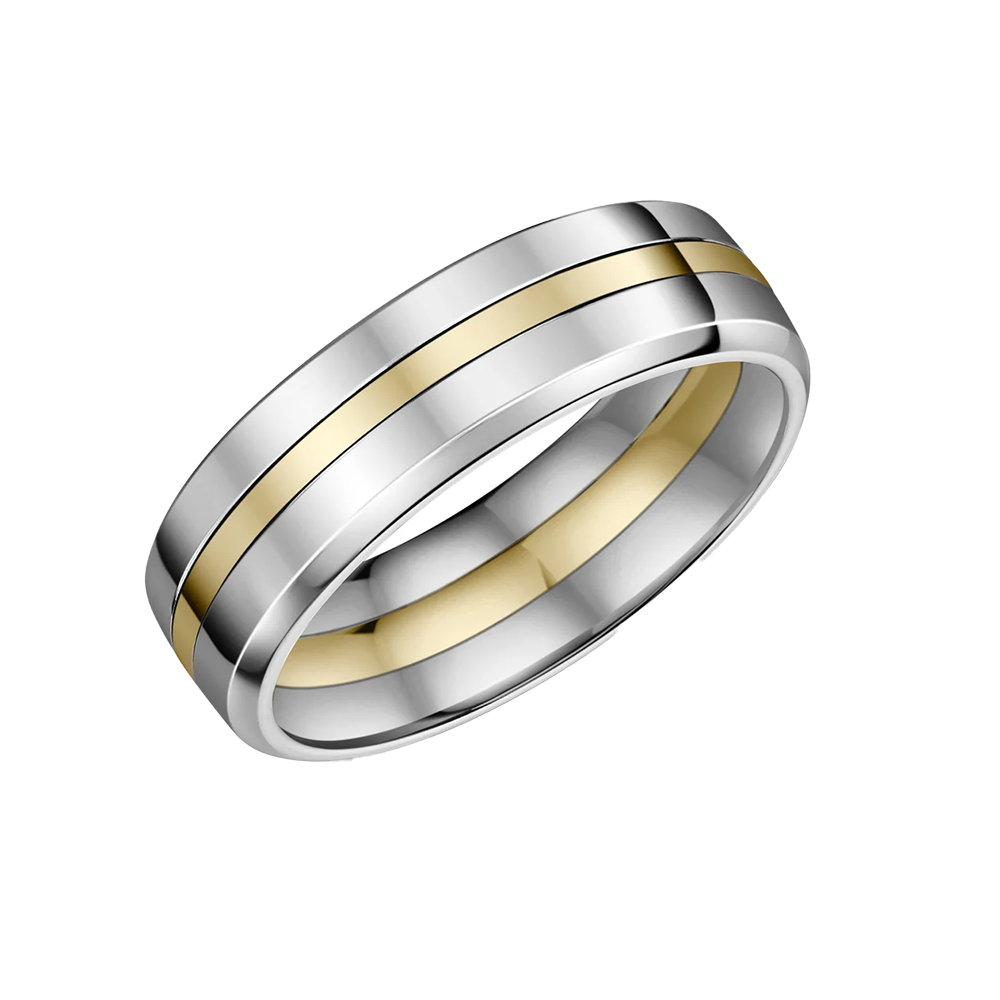 Two-tone zirconium and gold ring on a white background