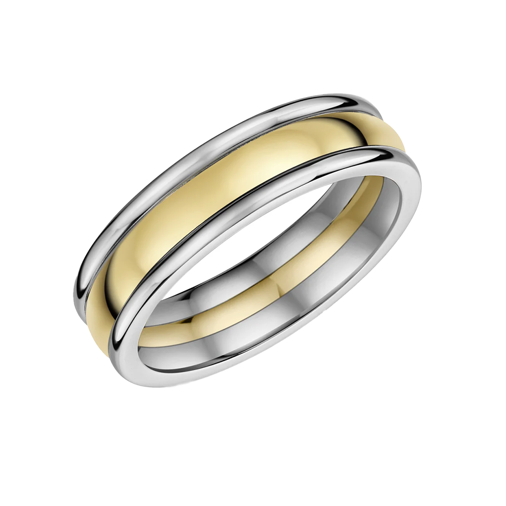 Two-tone gold (inside) and zirconium (outside) ring on a white background
