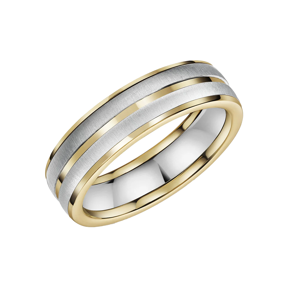 Yellow Gold and Zirconium ring with varying polished and matt surface with a white background