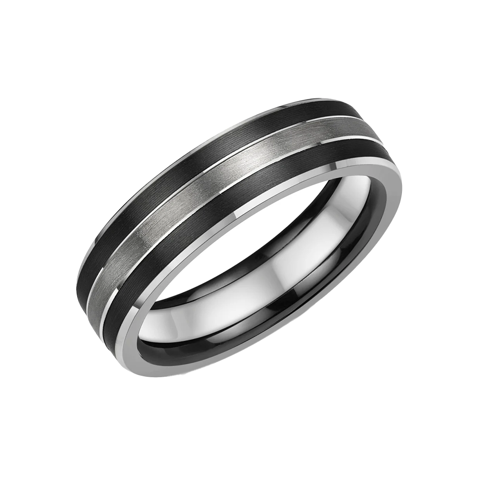 Two-tone ring with black and silver bands on a white background