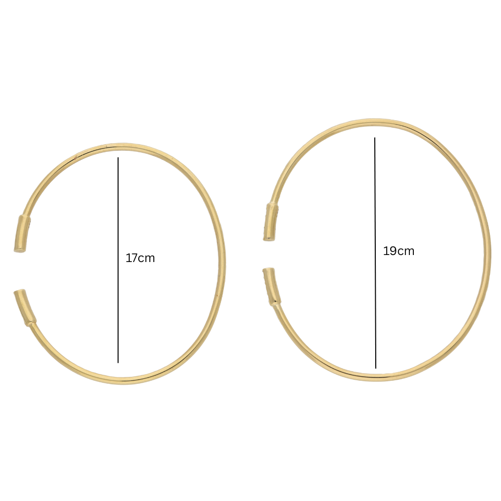 Gold hoop earrings with measurements on a white background