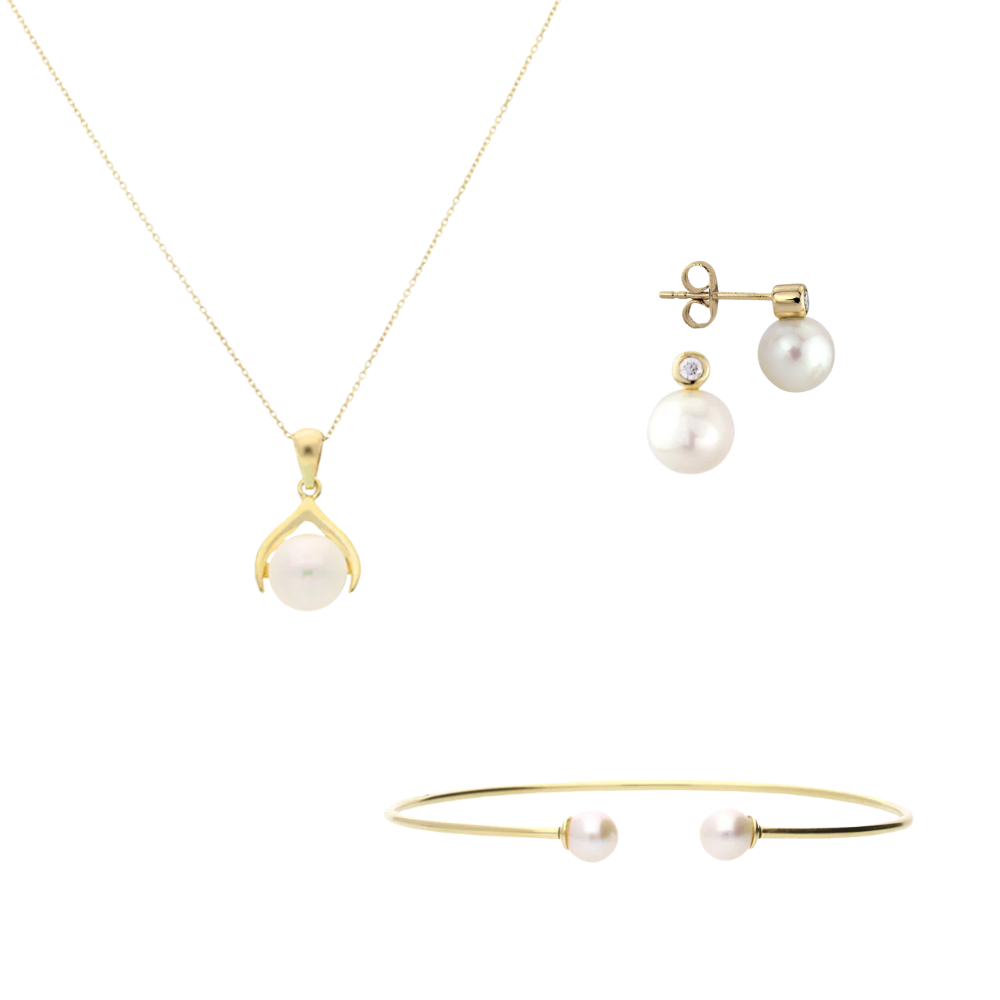 Pearl jewelry set with necklace, earrings, and bracelet on a white background