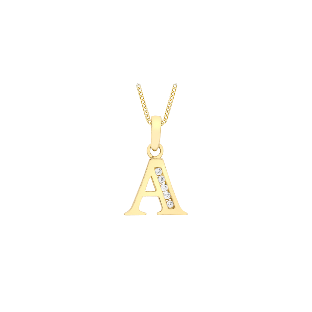 Gold necklace with 'A' pendant on a white background