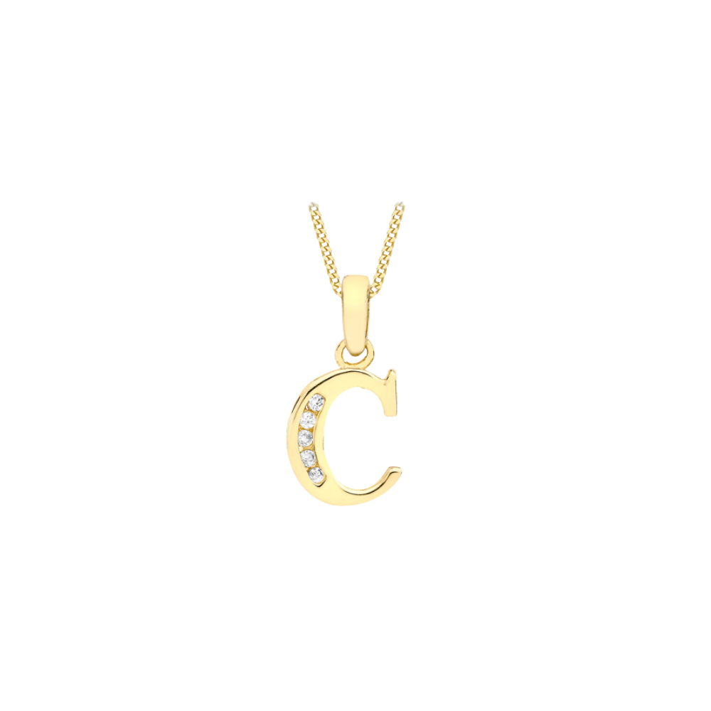 Gold necklace with a 'C' pendant on a white background