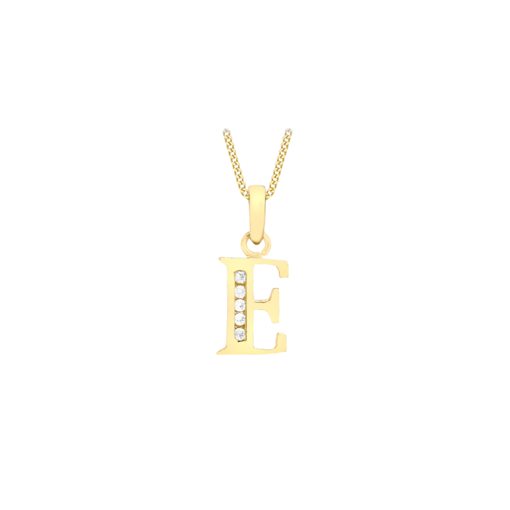 Gold necklace with a 'E' pendant on a white background