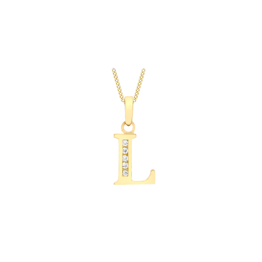 Gold necklace with a 'L' pendant on a white background