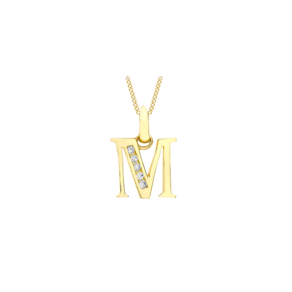 Gold necklace with 'M' pendant on a white background
