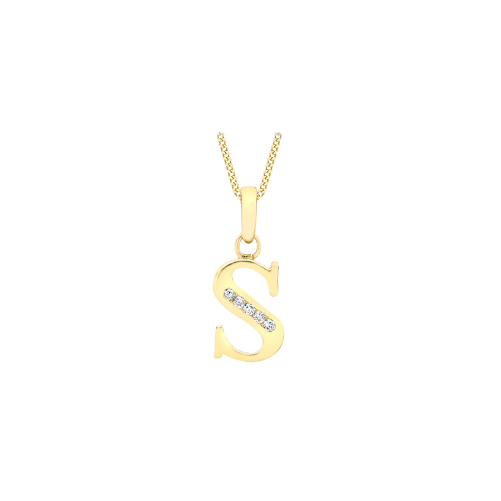 Gold necklace with a 'S' pendant on a white background
