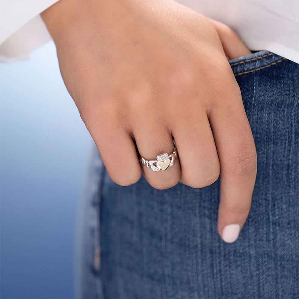 Model Wearing Sterling Silver Gold Heart Claddagh Ring