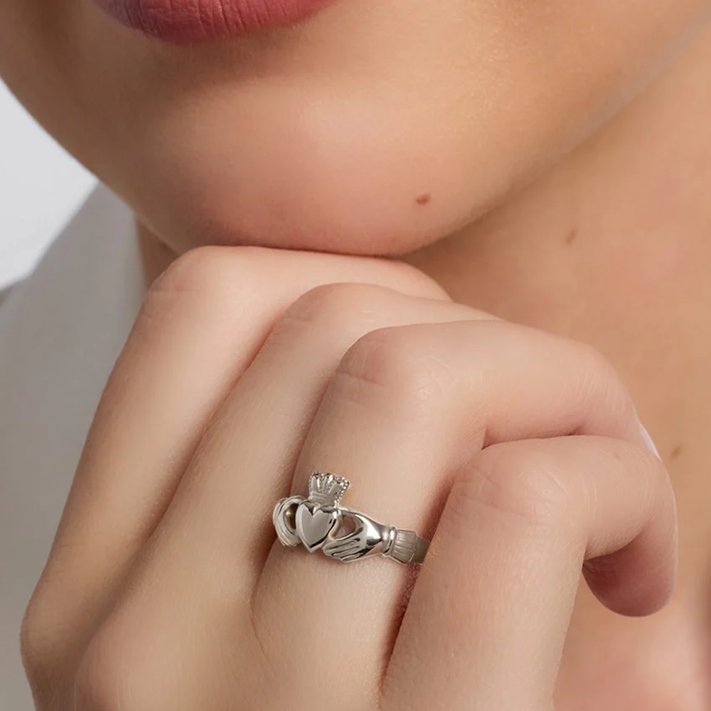 Model Wearing Sterling Silver Heavy Claddagh Ring
