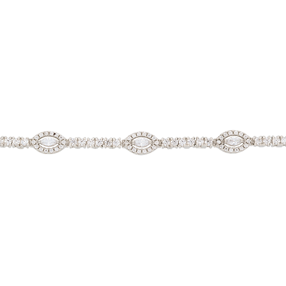 Silver bracelet with clear stones on a white background