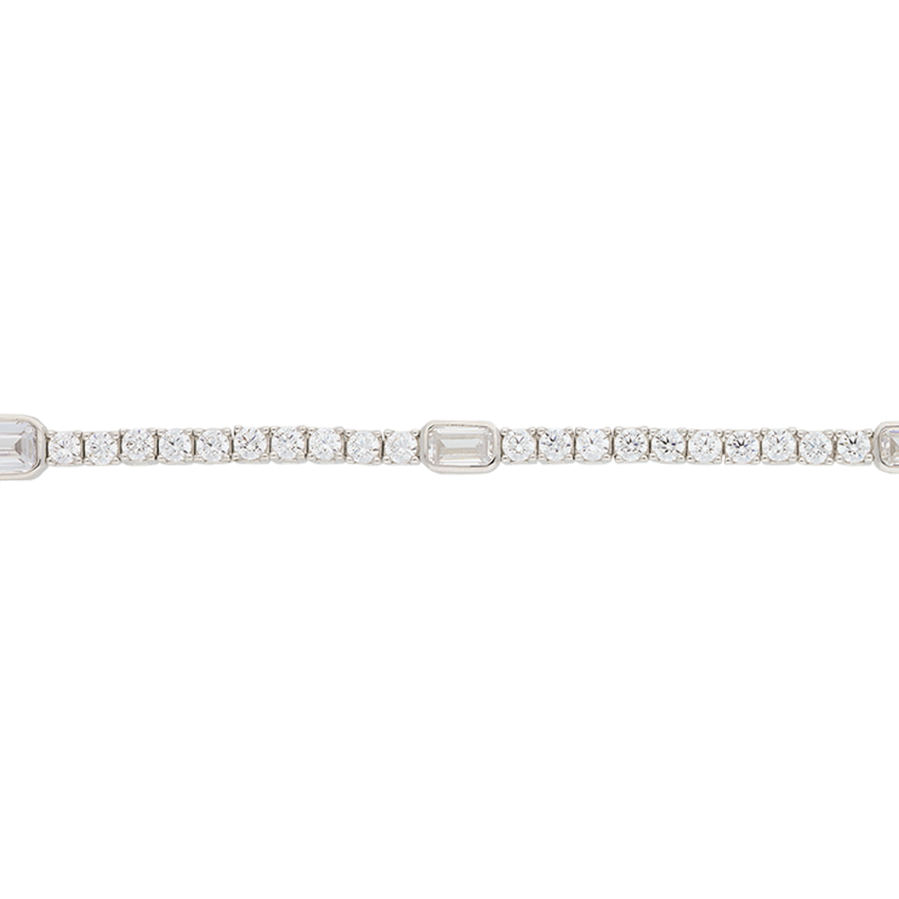 Close up of the silver bracelets square-cut stones dispersed between brilliant-cut stones