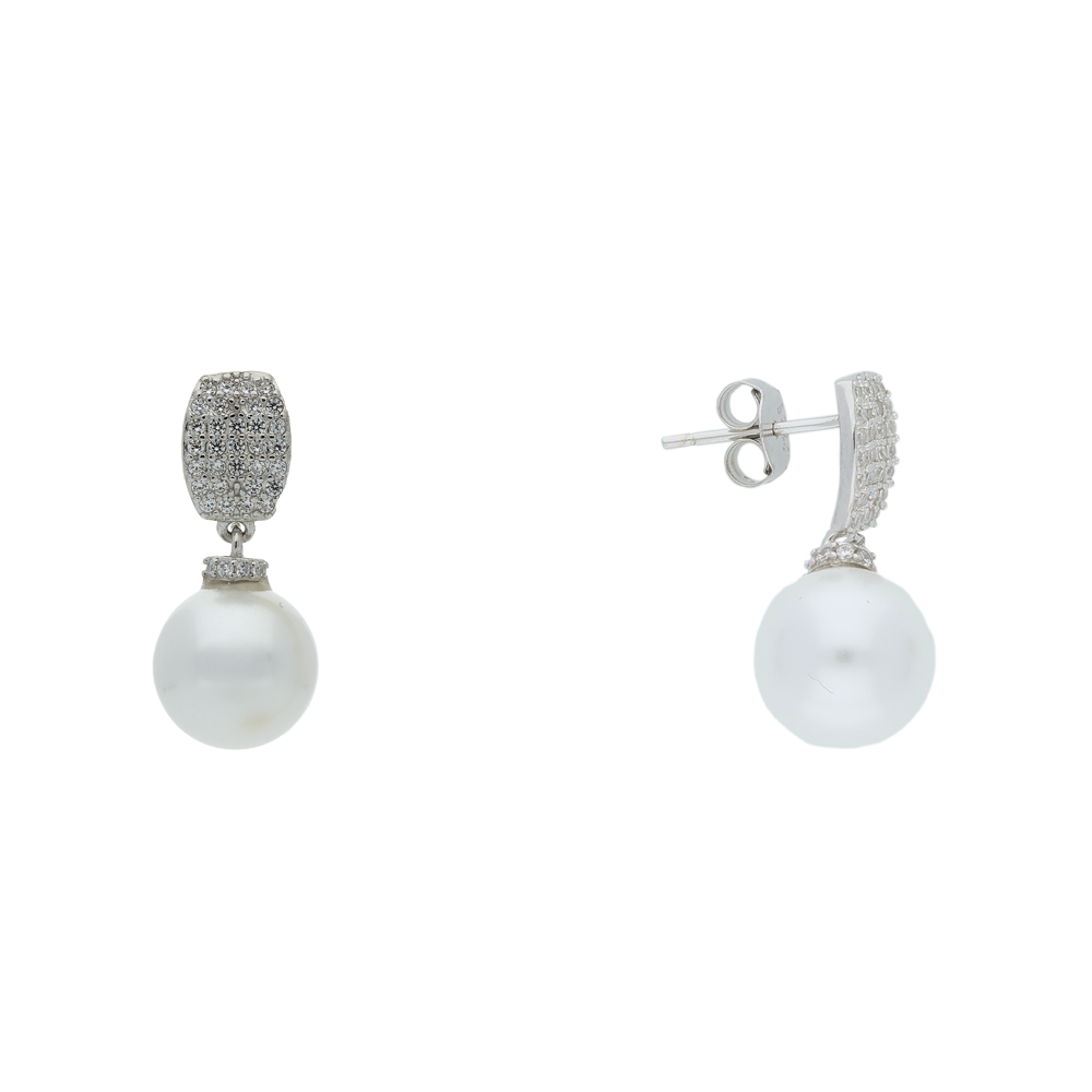 Pair of pearl earrings with silver and gemstone accents on a white background