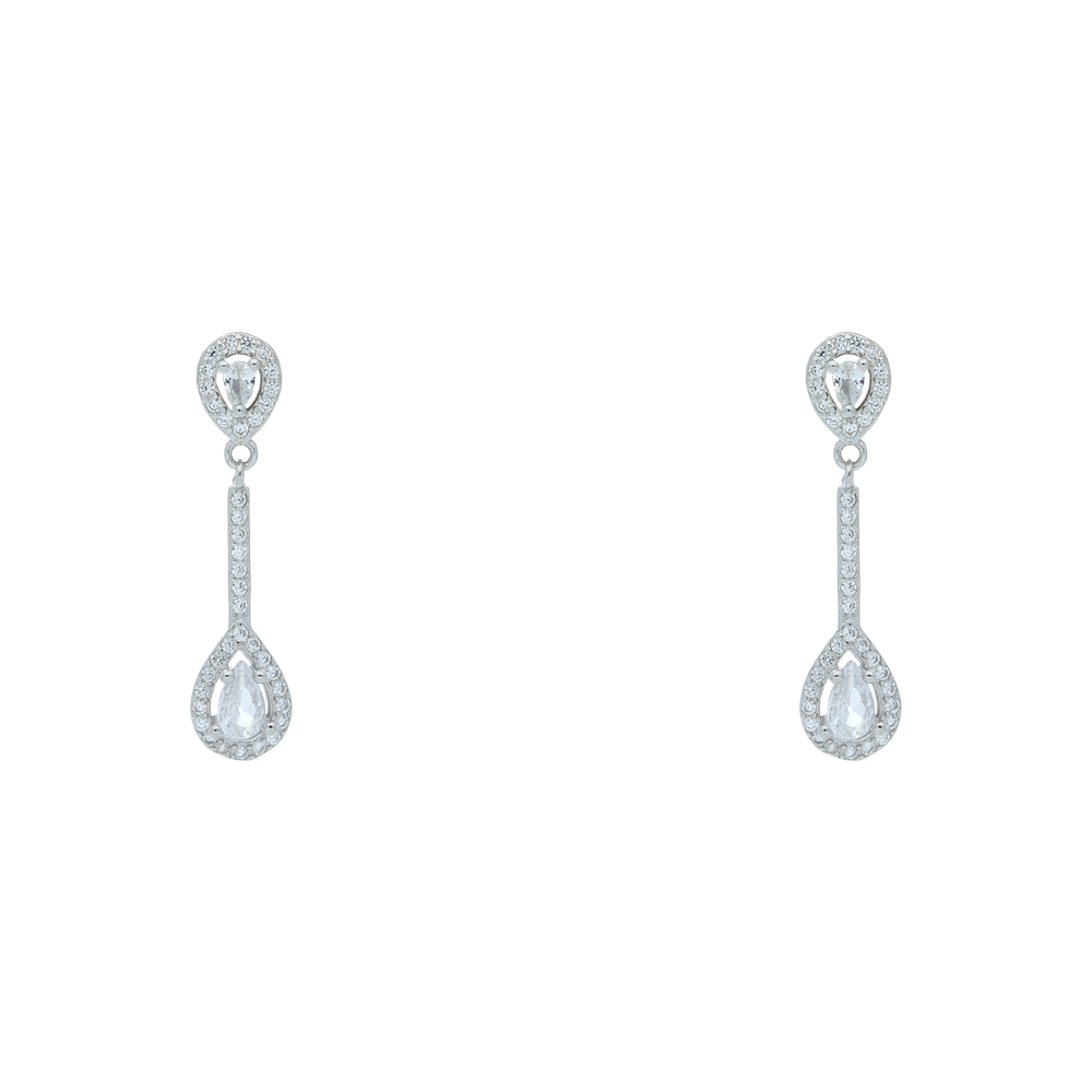 Pair of silver teardrop earrings on a white background