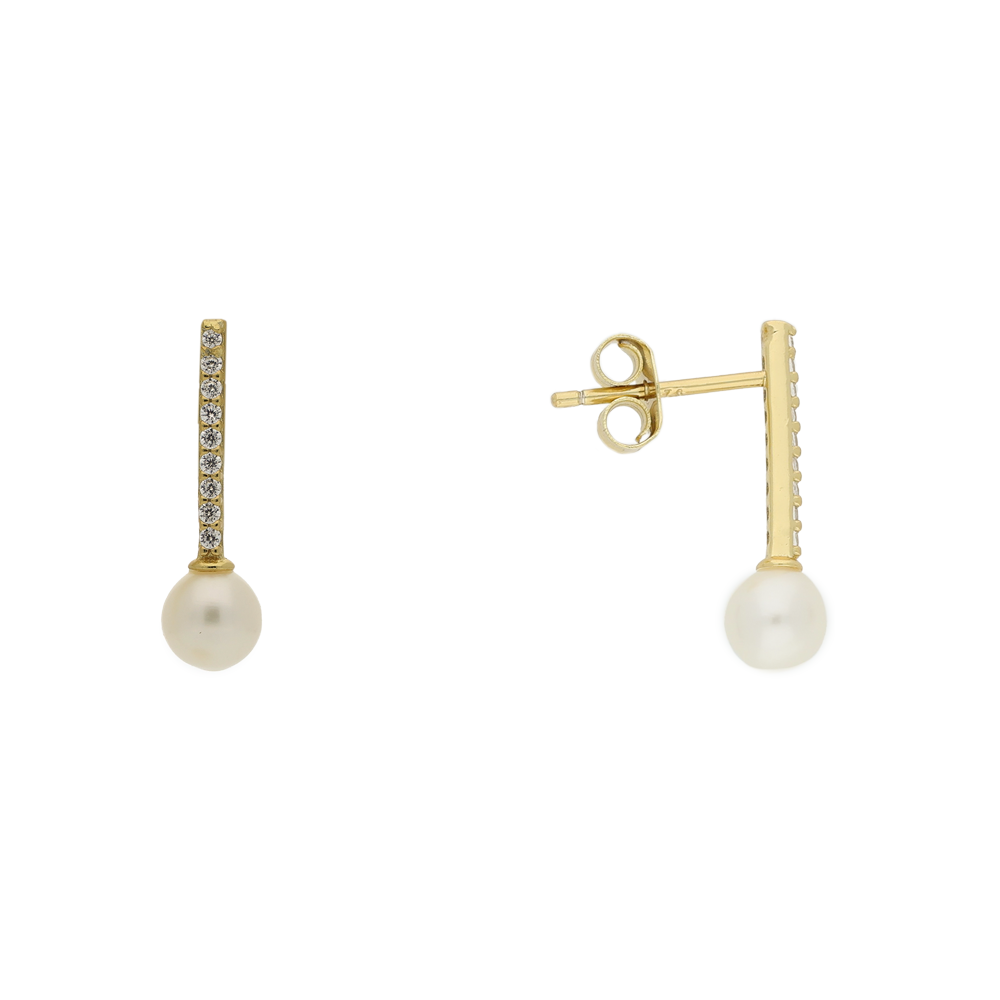 Gold earrings with pearl drops on a white background