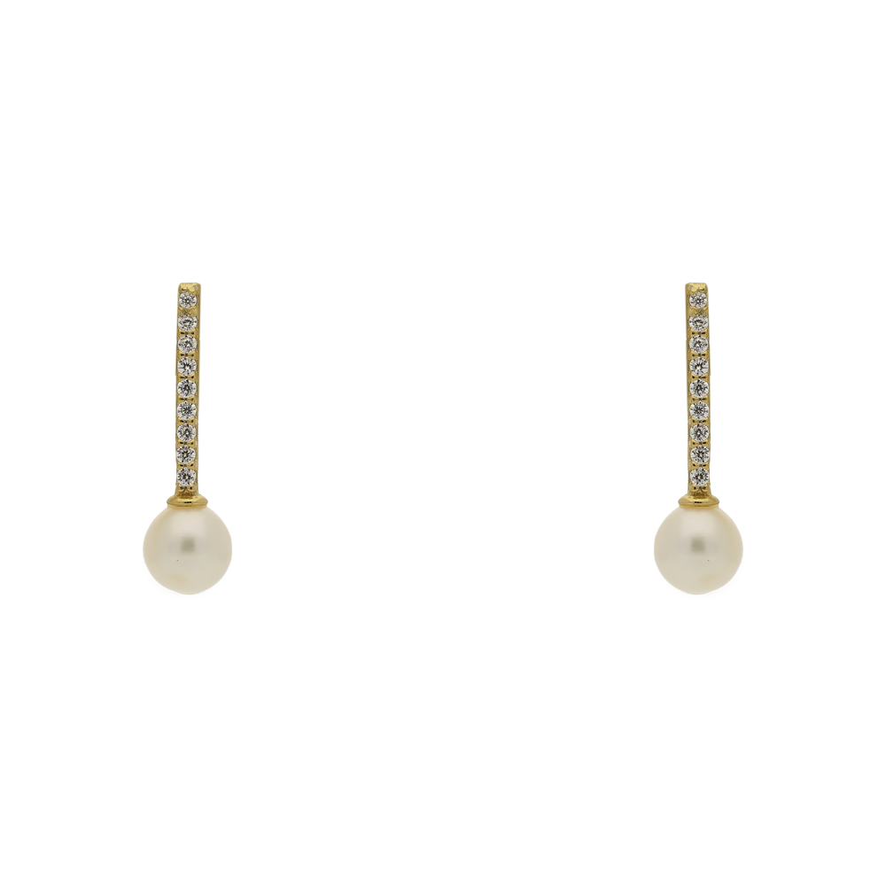 Pair of pearl earrings with gold and diamond accents on a white background