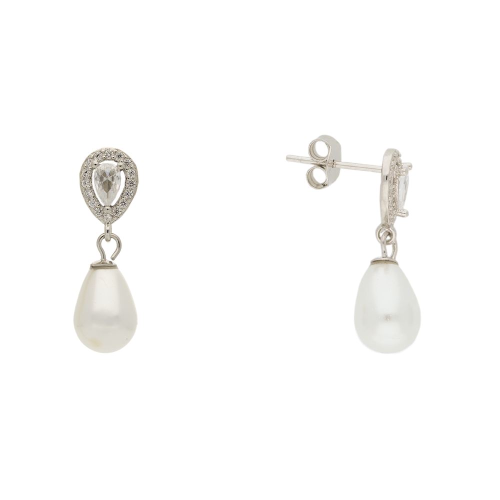 Pair of pearl earrings with silver hooks on a white background