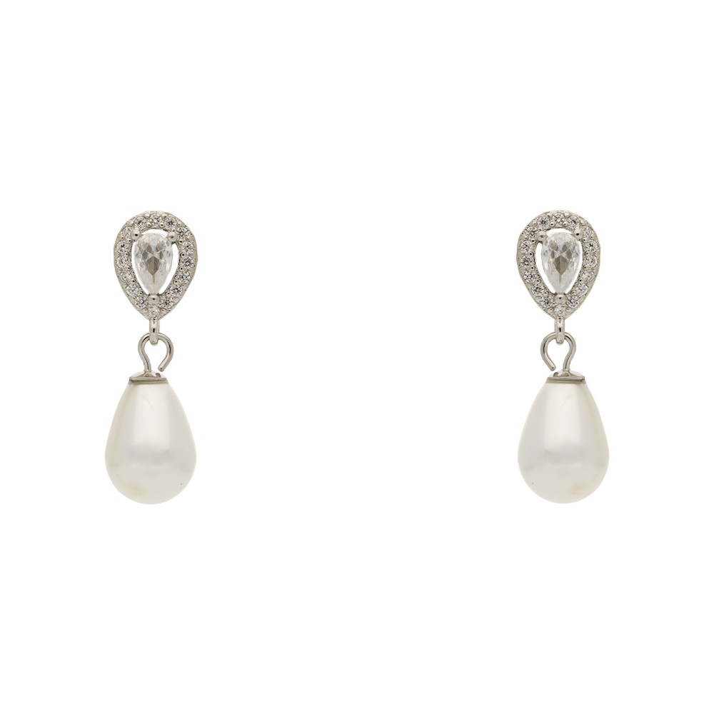 Pair of earrings with teardrop-shaped pearls and diamond-like stones on a white background