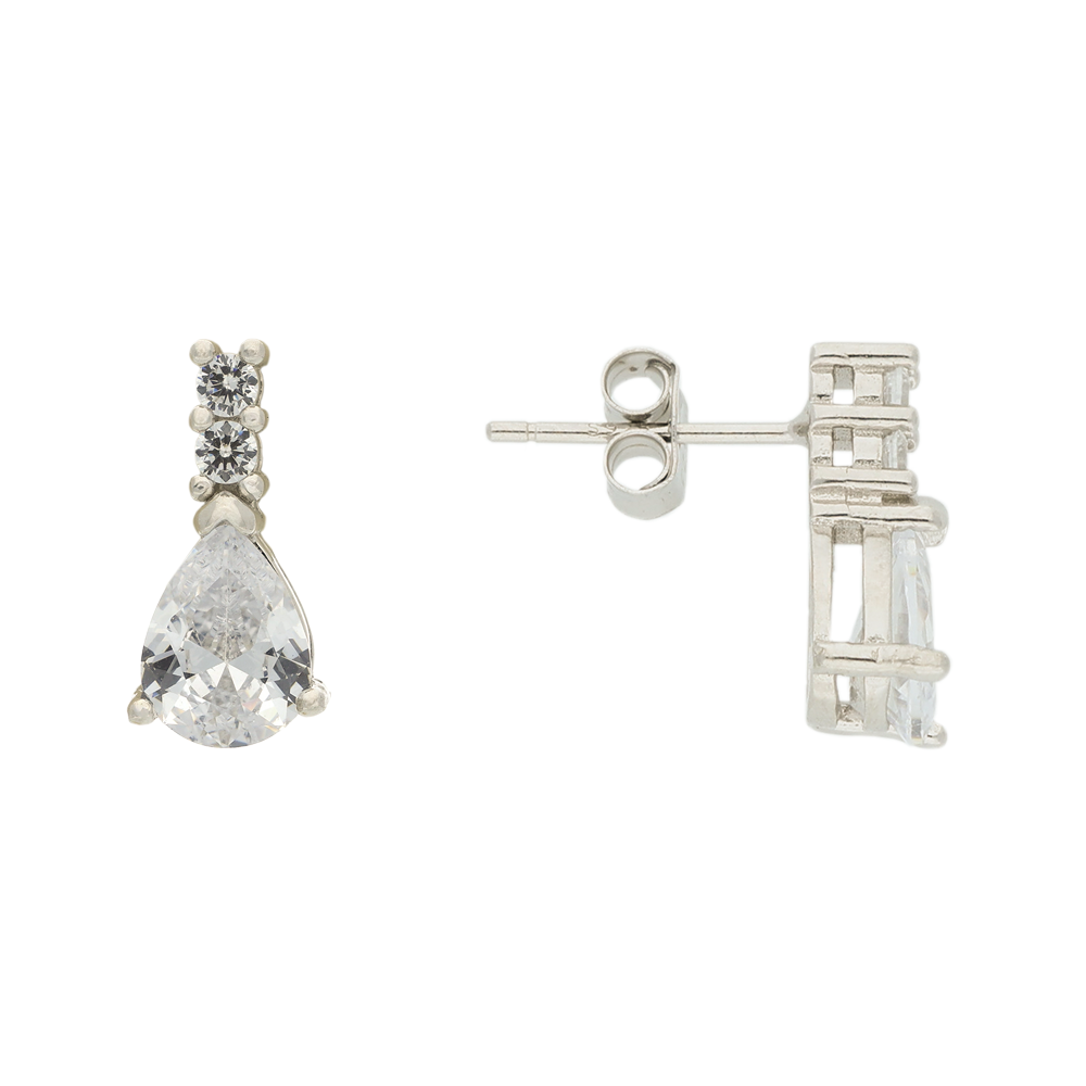 Pair of silver earrings with clear gemstones on a white background
