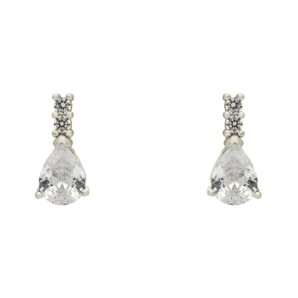 Pair of teardrop-shaped earrings with clear gemstones on a white background