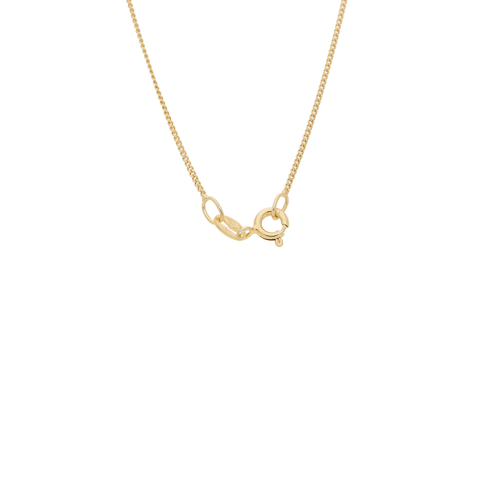 Gold necklace with a small round pendant on a white background