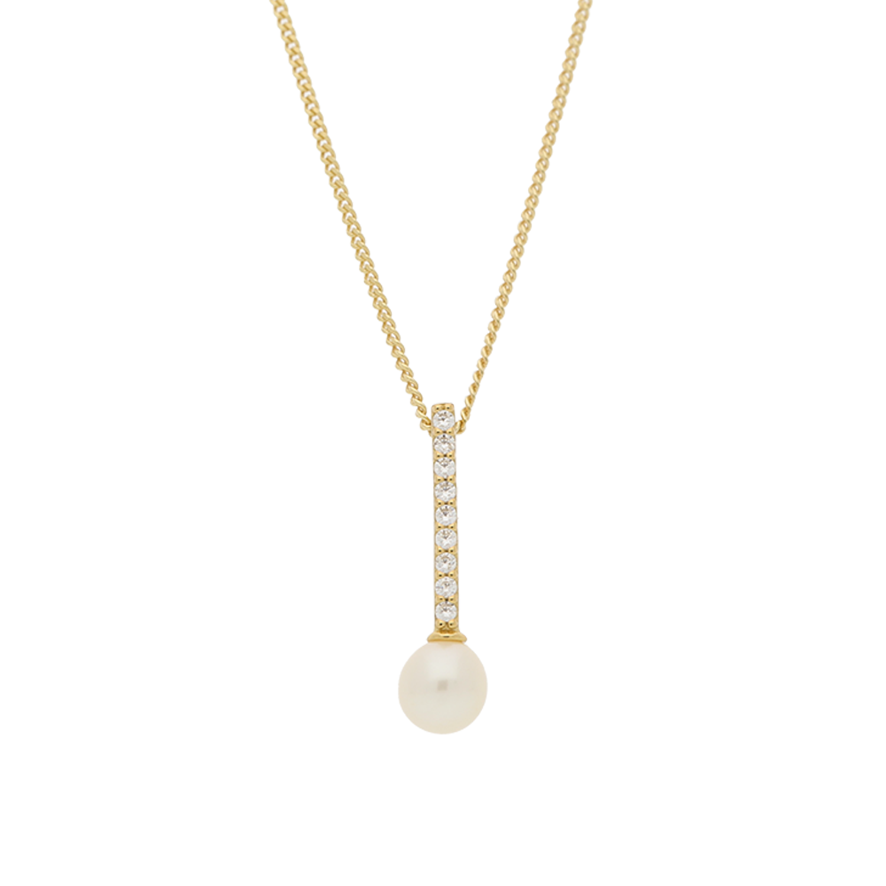 Gold necklace with a pearl pendant on a white background