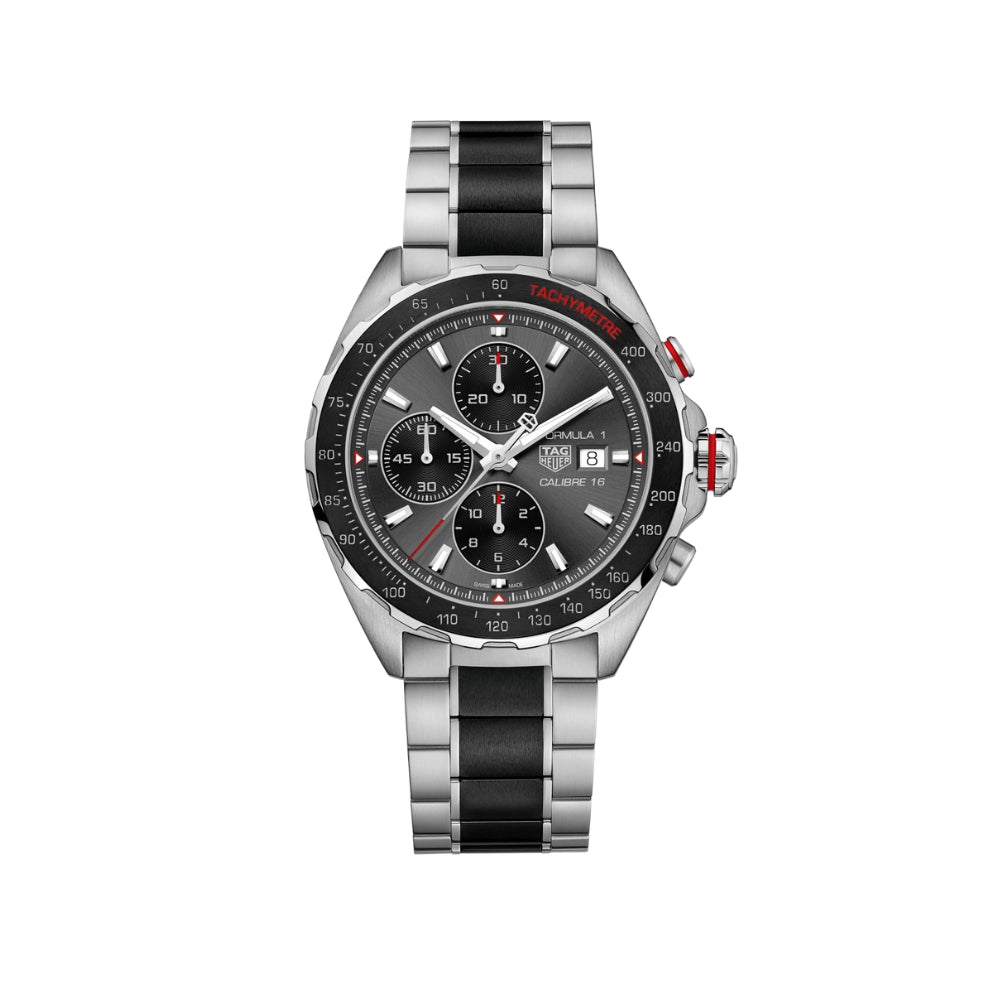 Luxury watch with black and silver design on a white background