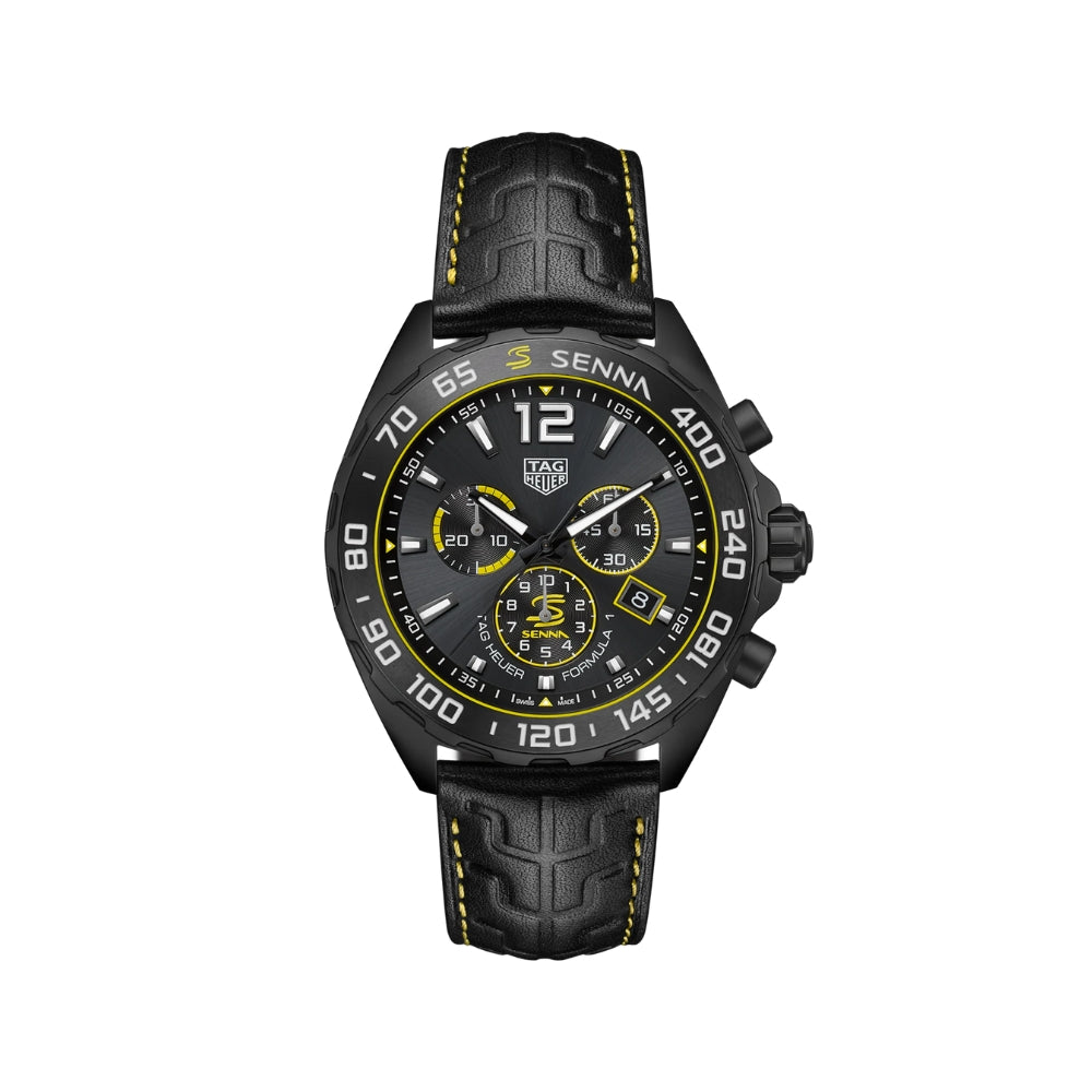 Black and yellow watch with detailed design on a white background