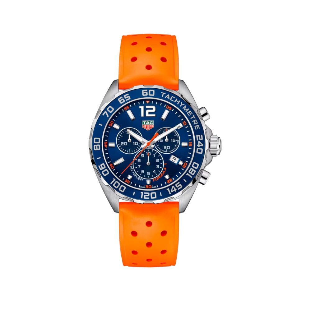 Watch with orange strap and blue dial on a white background