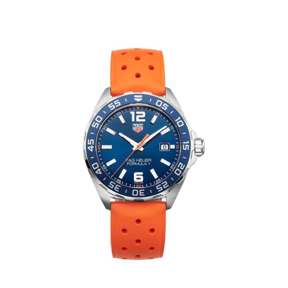 Wristwatch with orange strap and blue dial on a white background