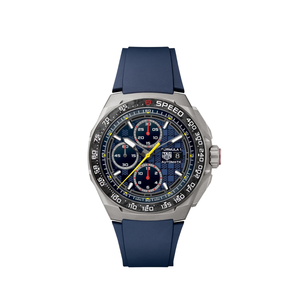 Wristwatch with blue strap and detailed face on a white background
