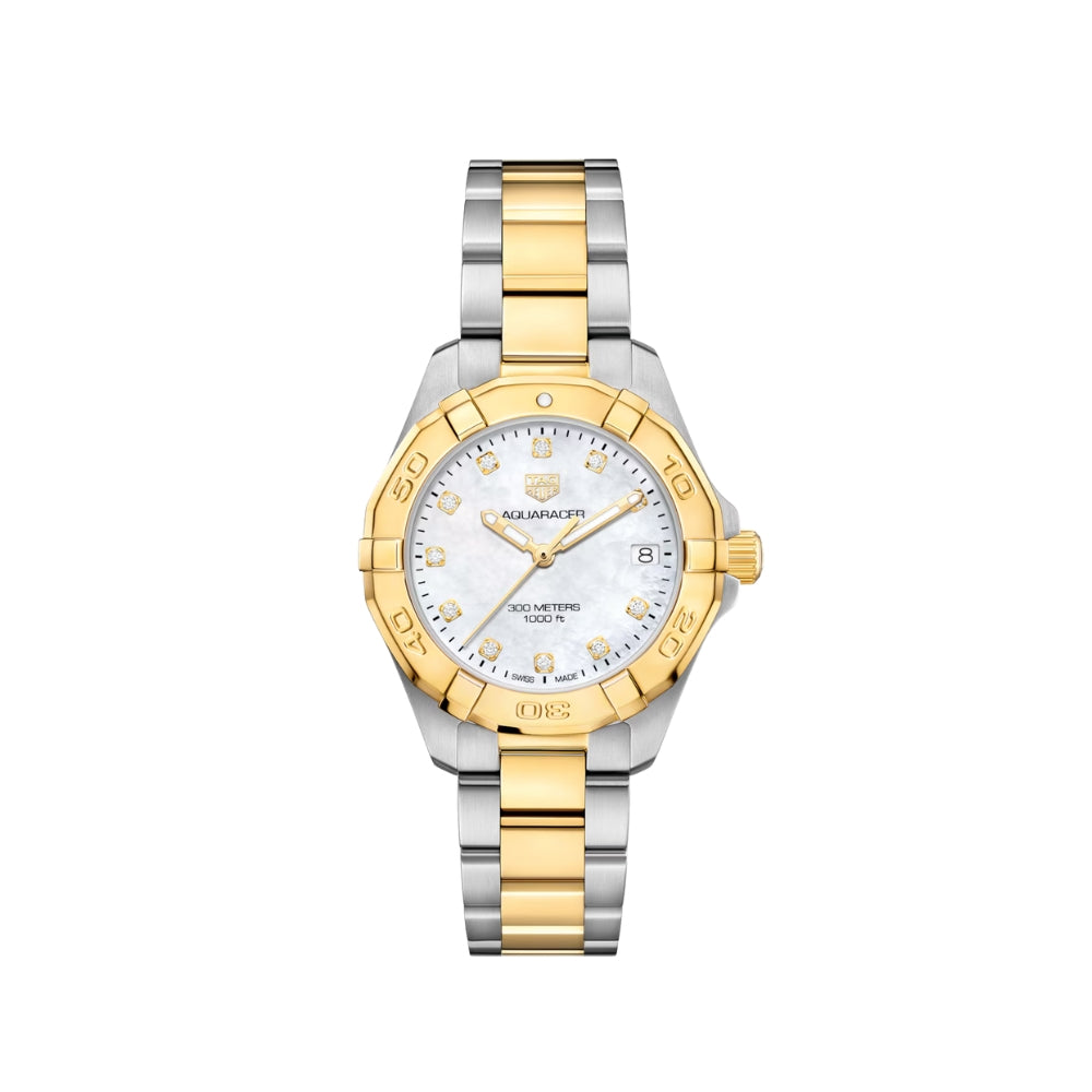 Two-tone watch with silver and gold band on a white background