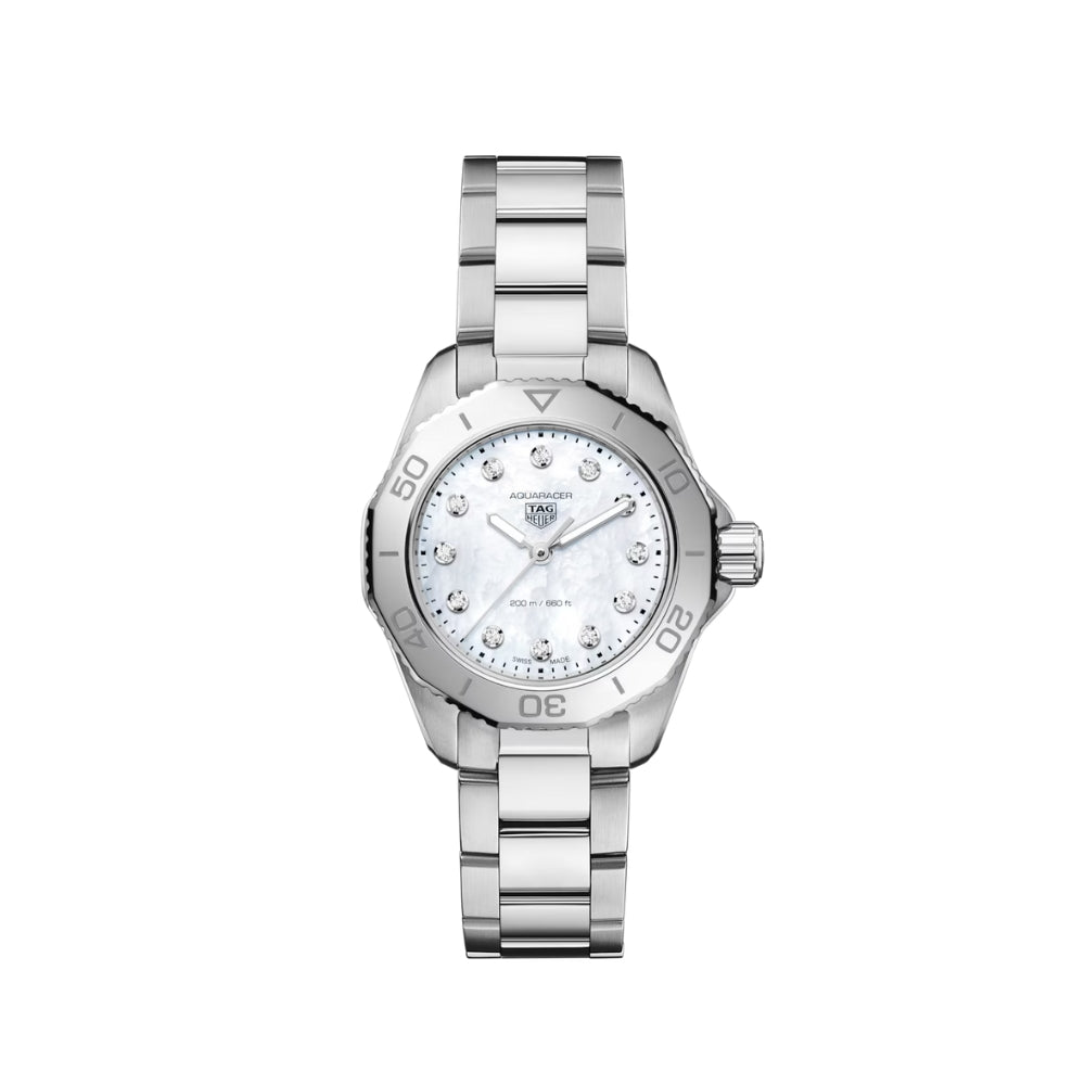 Silver watch with a white face on a white background