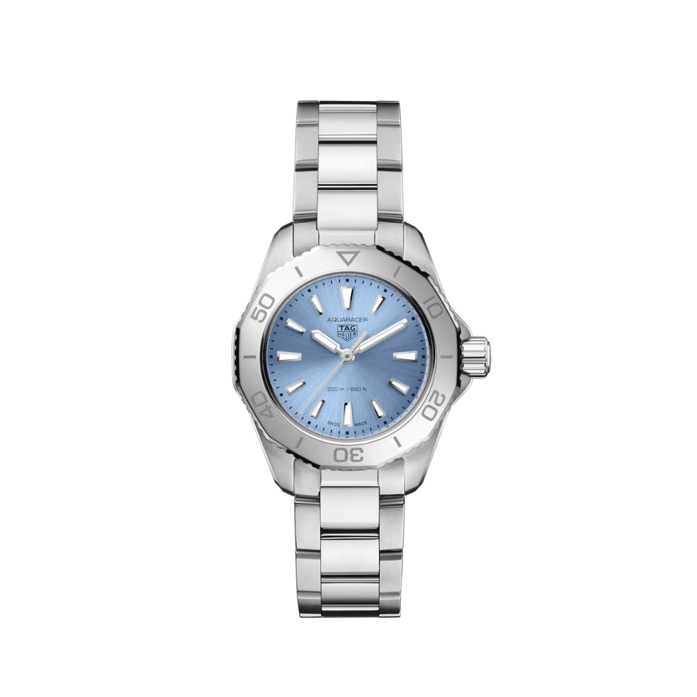 Silver watch with a blue face on a white background