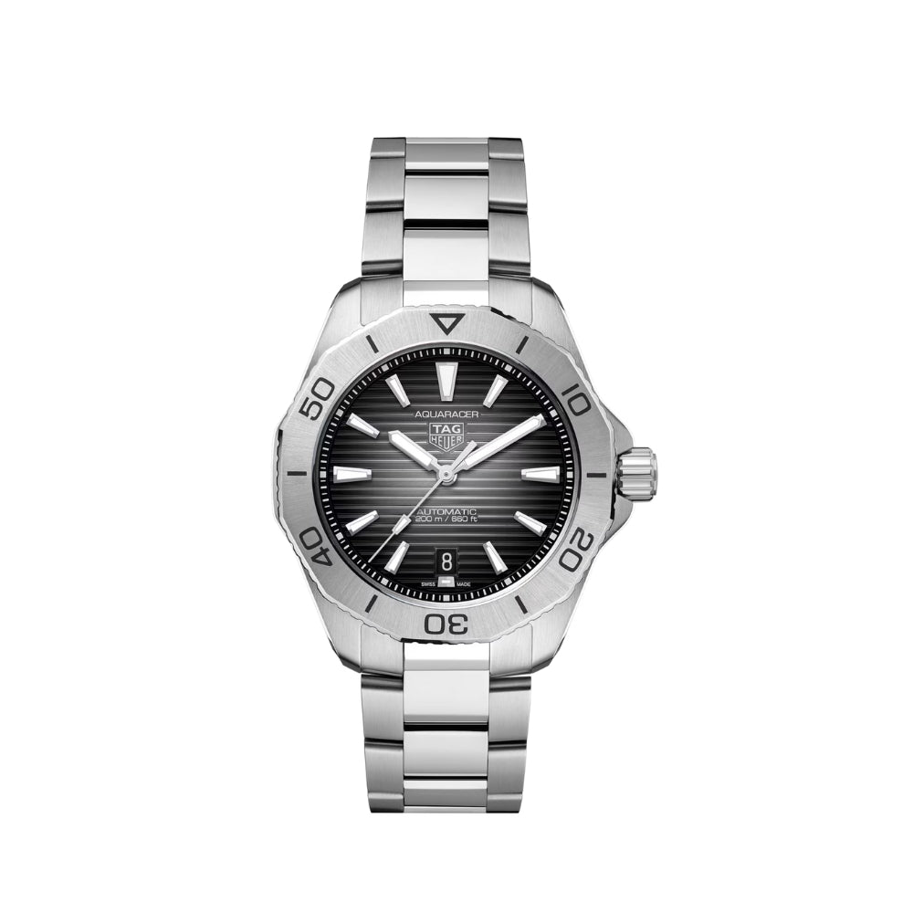 Silver watch with black dial on a white background