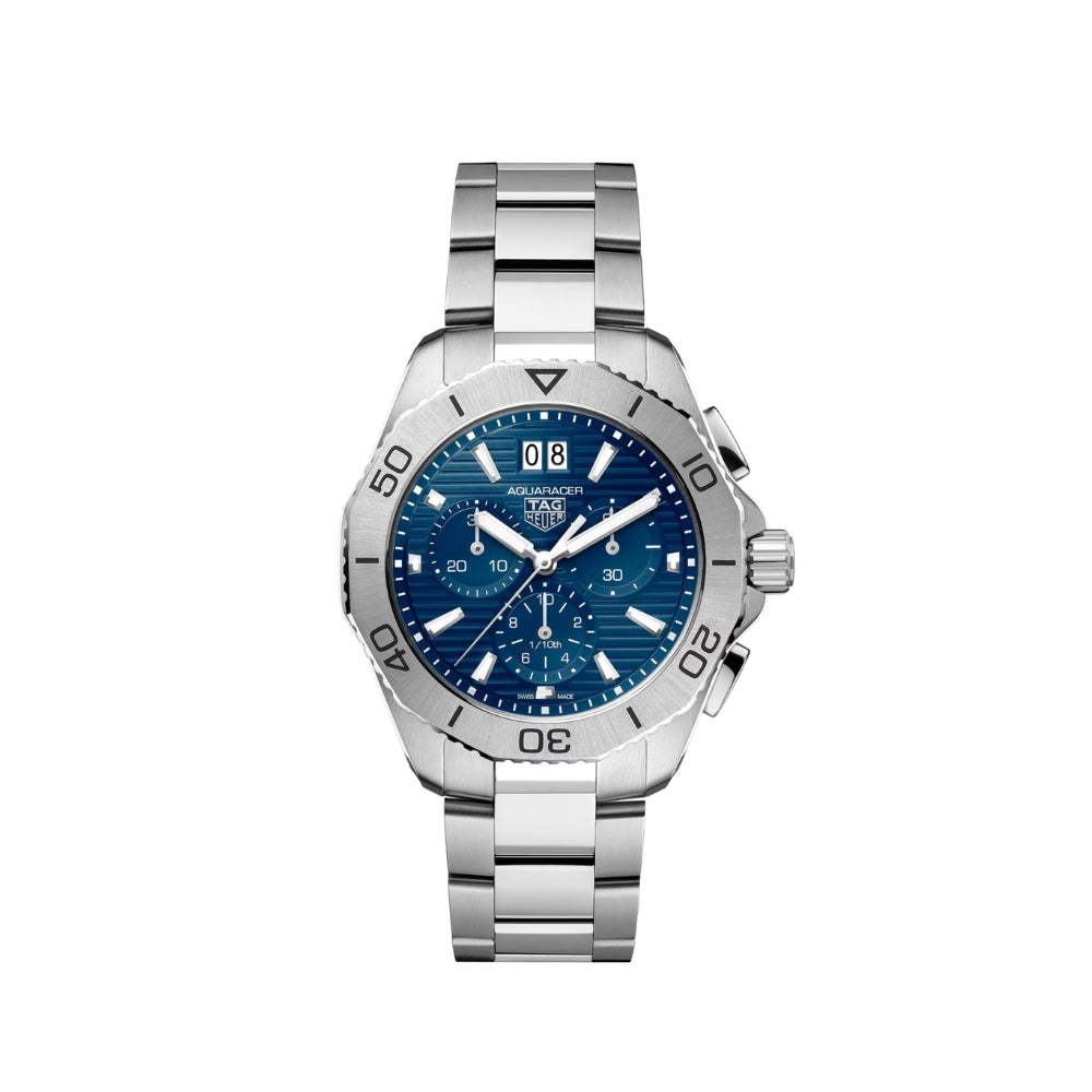 Silver watch with a blue face on a white background