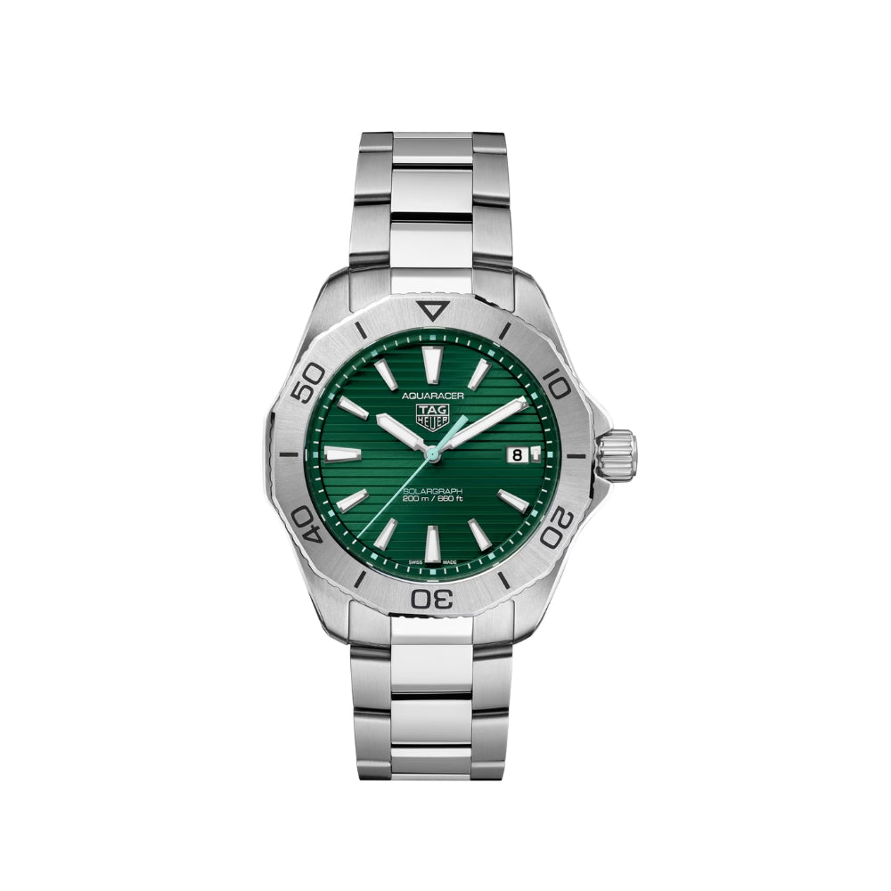 Silver watch with a green dial on a white background