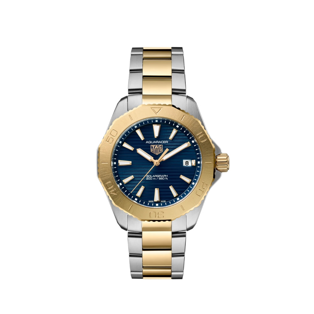 Two-tone watch with blue dial on a white background