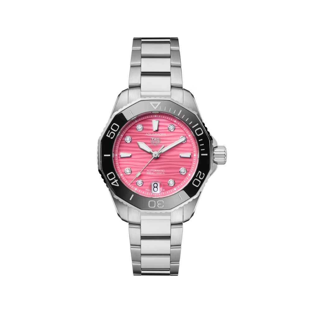 Watch with pink face and silver bracelet on white background