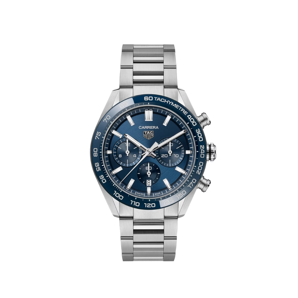 Silver watch with blue dial on a white background