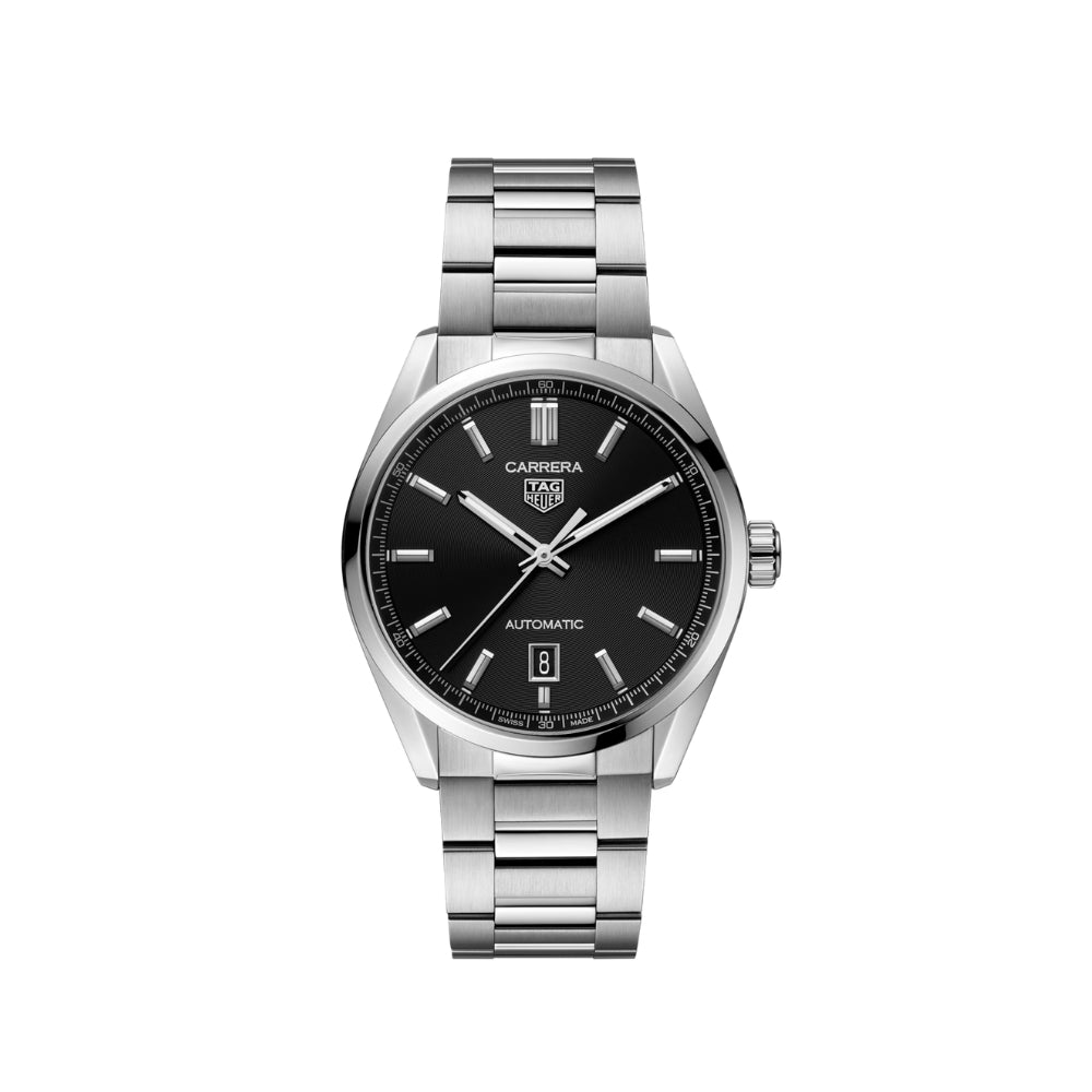 Silver watch with black dial on a white background