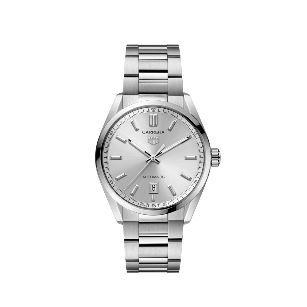 Silver watch with a Grey face on a white background