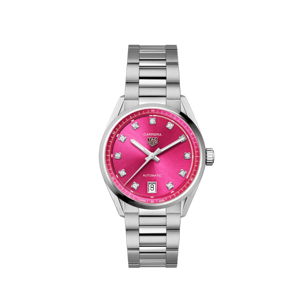 Watch with pink dial and silver bracelet on a white background