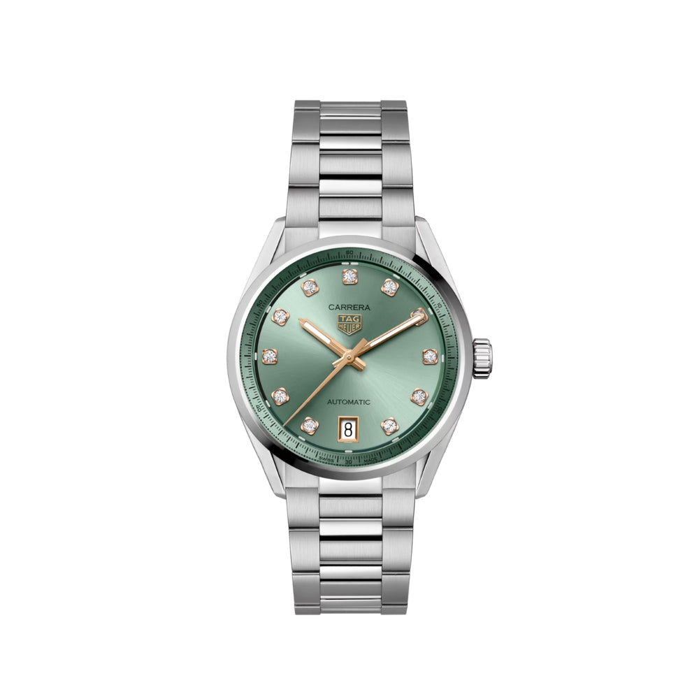 Silver watch with a green dial on a white background