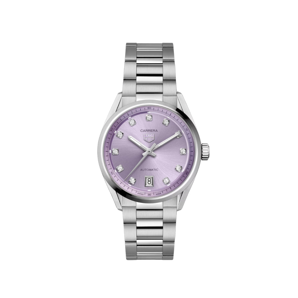 Watch with a silver bracelet and purple dial on a white background
