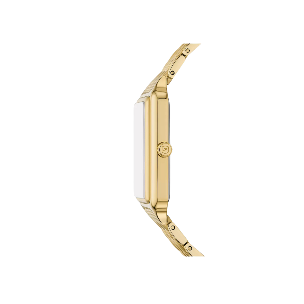 Side profile of gold watch on white background