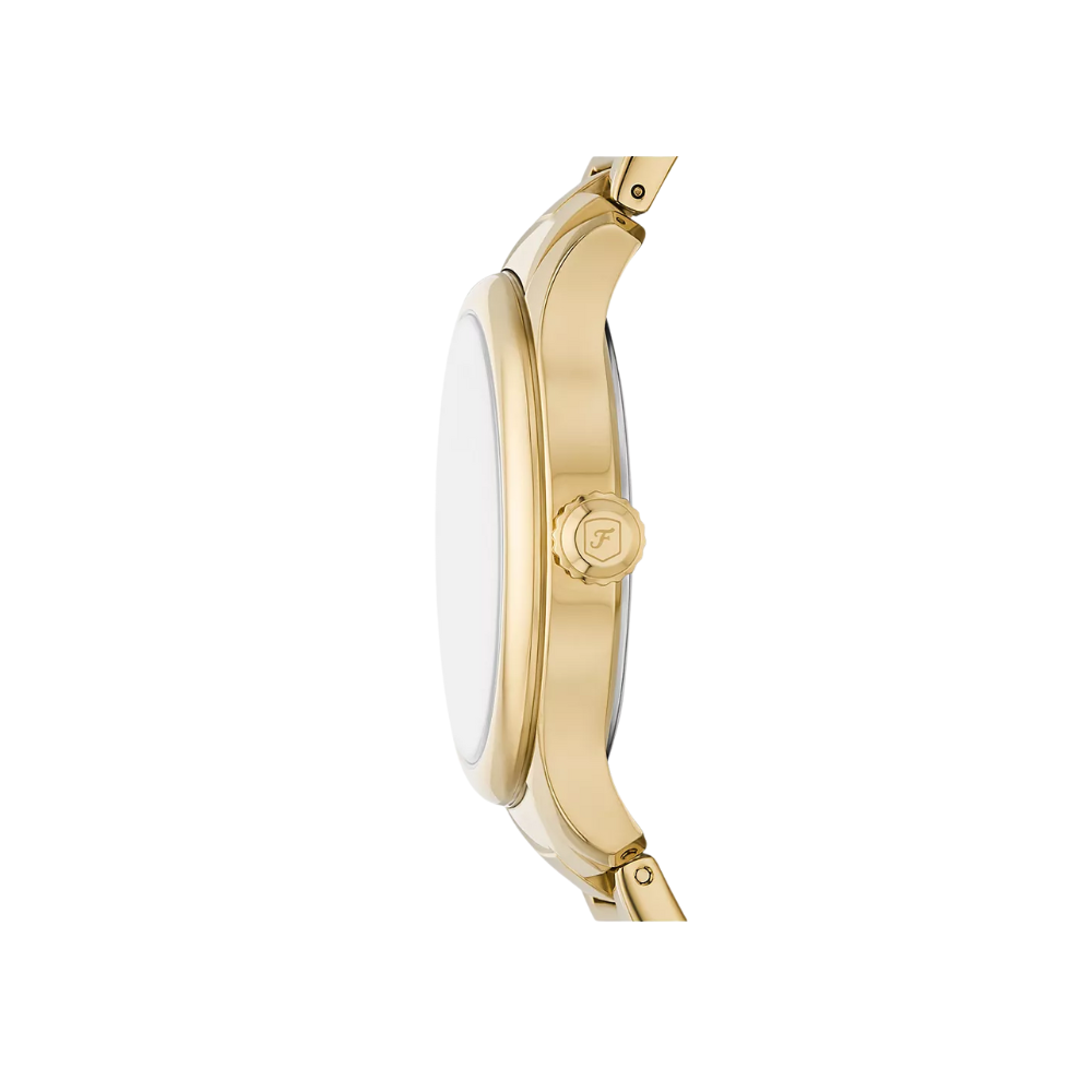 Side profile of gold watch on white background