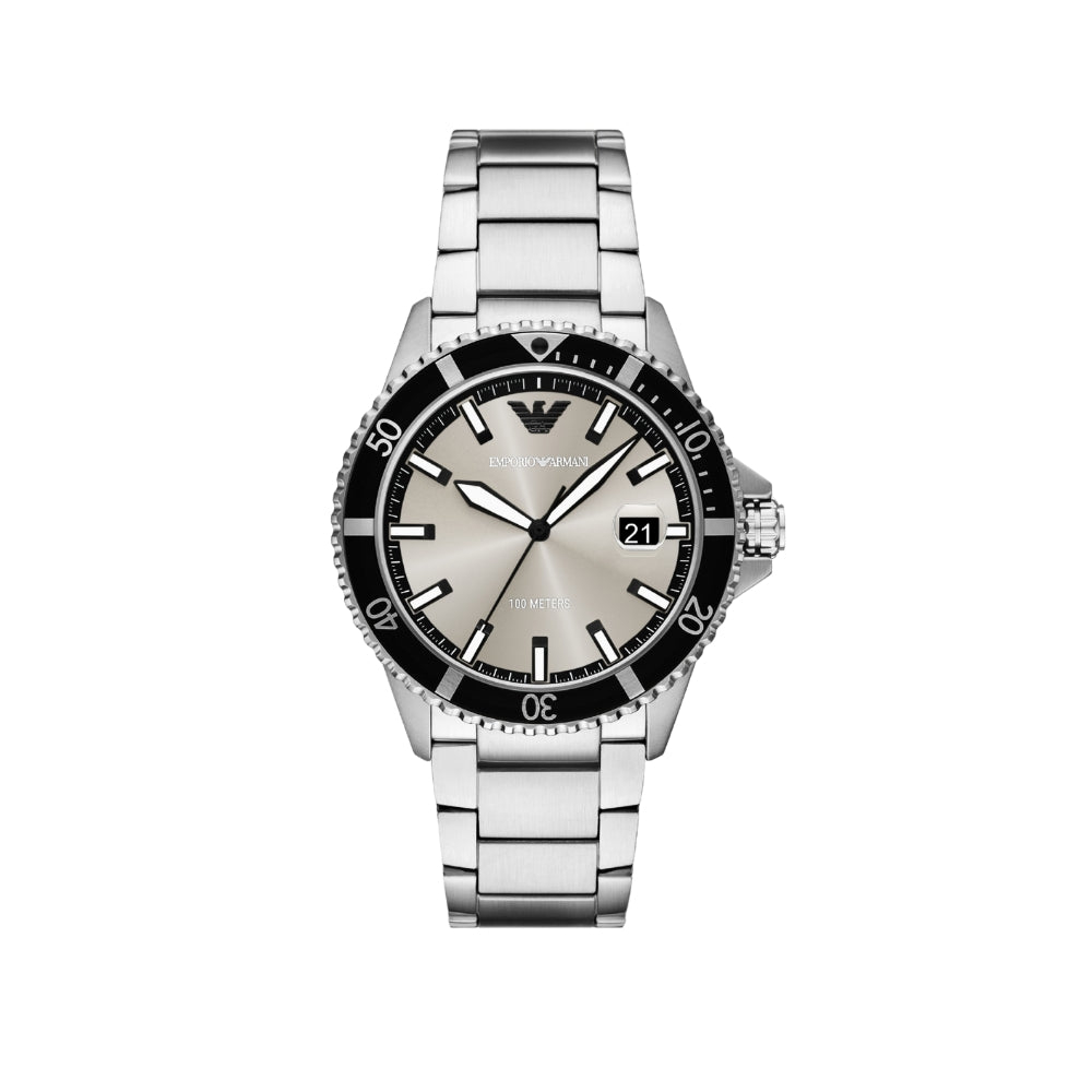 Silver watch with black and gray face on a white background