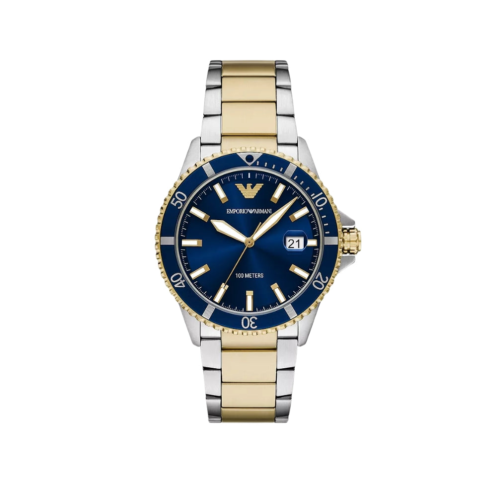 Two-tone watch with blue dial and gold accents on a white background